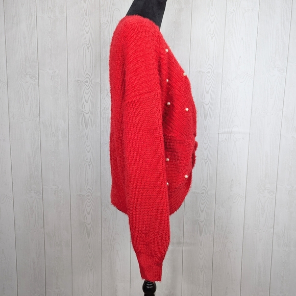 No Boundaries Sweater Women's Size XXL Crisscross Fuzzy Red with Beads Christmas - Picture 2 of 10